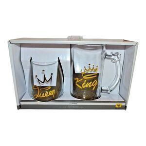 Trueliving Glass Wine 17 oz & Beer Mug 18.6 oz Combo Set Queen King Bride Groom